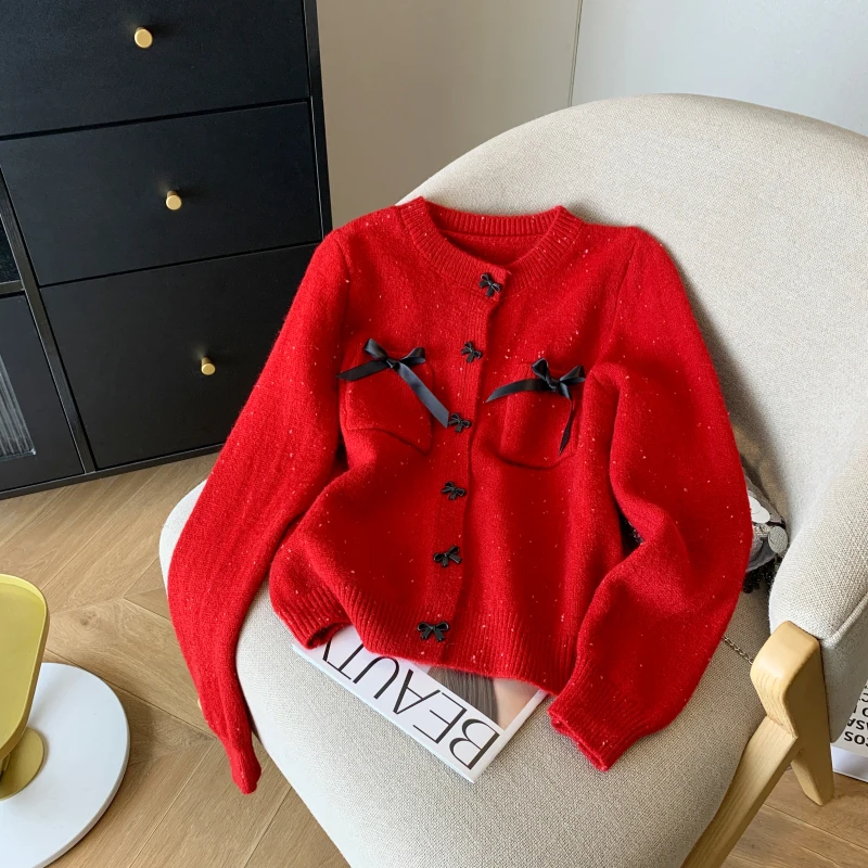 New 2024 Autumn Winter Knitted Sweater Women Korean Fashion Pockets Bow Black White Red Or Pink Cardigan Womens Outwear Tops