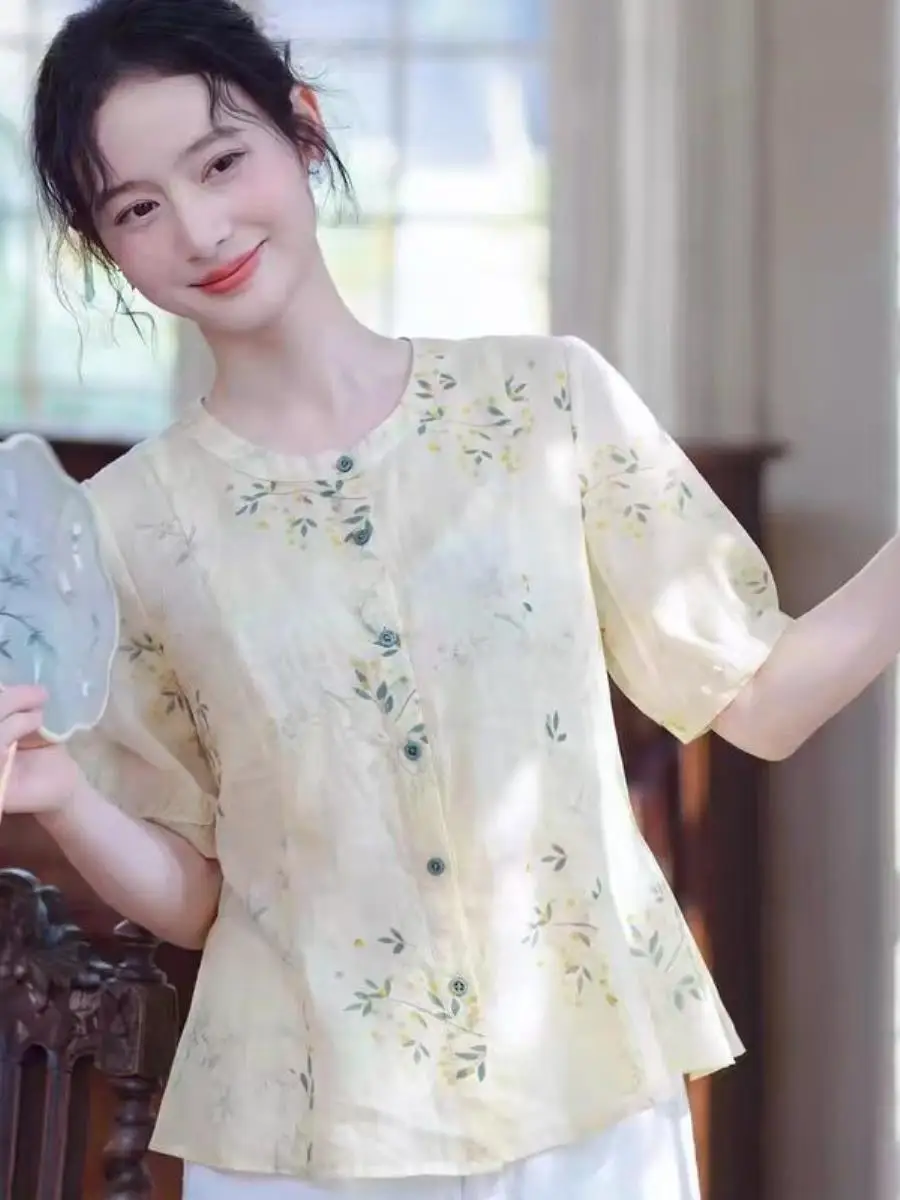 Chinese Style Printed Cotton Linen Short Sleeve Shirt Breathable Design round Neck Waist Cinched Summer Slim Fit Top for Women
