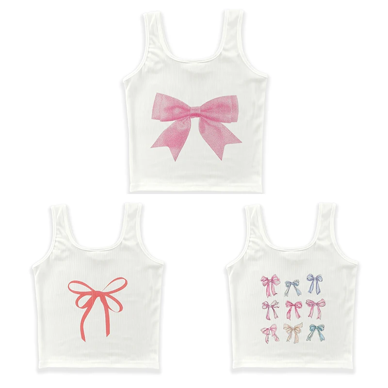 

3 Piece Tank Tops Sexy Ribbed Bow Print Vest Harajuku Female Off Shoulder Knitted Summer Women Crop Tops Sleeveless Base Tee