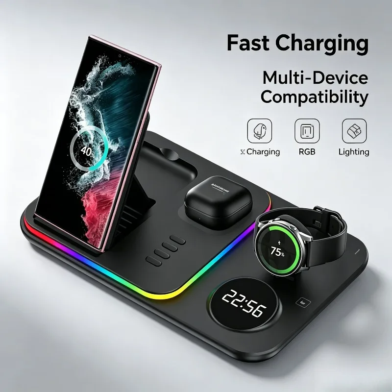 5-in-1 Wireless Charging Station RGB Light Fast Charging Clock Display For Samsung Phone Watch Earbuds Multi-Device Charger Use