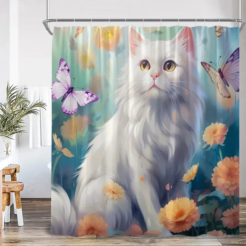 

JHB23Cute Cat Shower Curtain Flower Cartoon Animal Sunflower Plant Floral Bathroom Home Decor Modern Polyester Bath Curtain 9Kj(