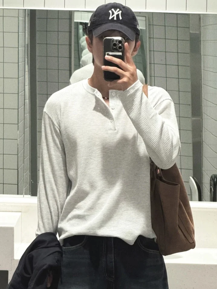 

Мужская футболка свободного кроя с длинным рукавом и воротником хенли, американская вафельная текстура, с планкой на пуговицах, молодежный стиль