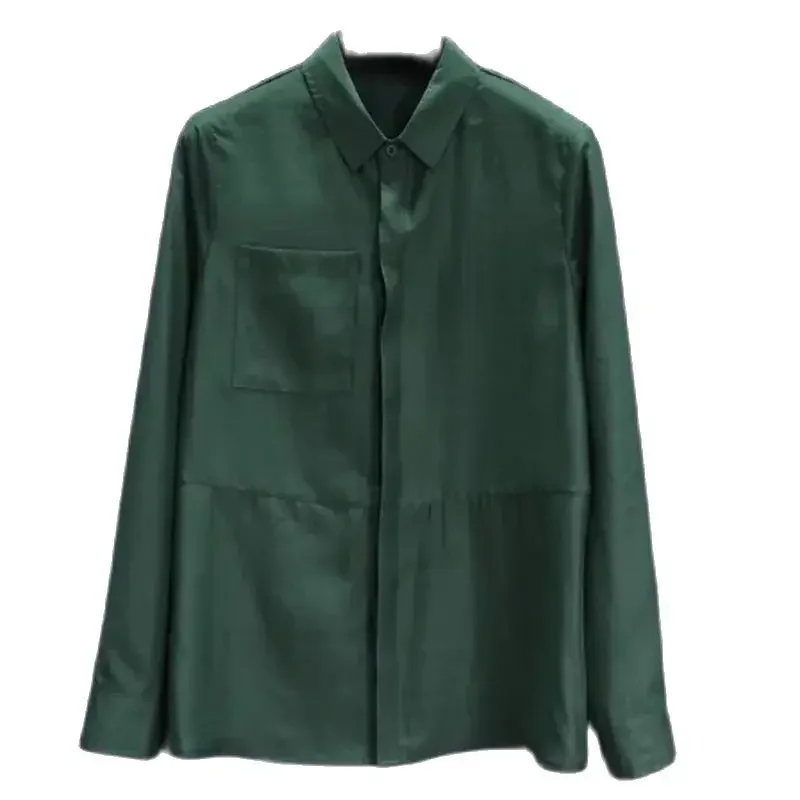 Dark Green Tencel Shirt for Women Autumn High-end Long Sleeve Polo-neck Blouse Pocket Loose Patchwork Tops Office