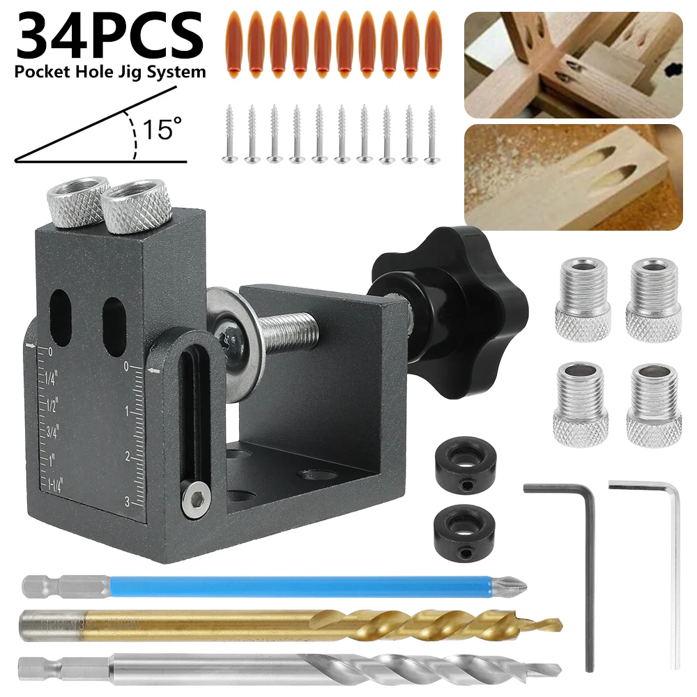 

34pc Pocket Hole Jig Kit Drilling Guide Woodworking Drill Angle Guide Hole Puncher Locator Jig Oblique Hole Holder Kit Furniture