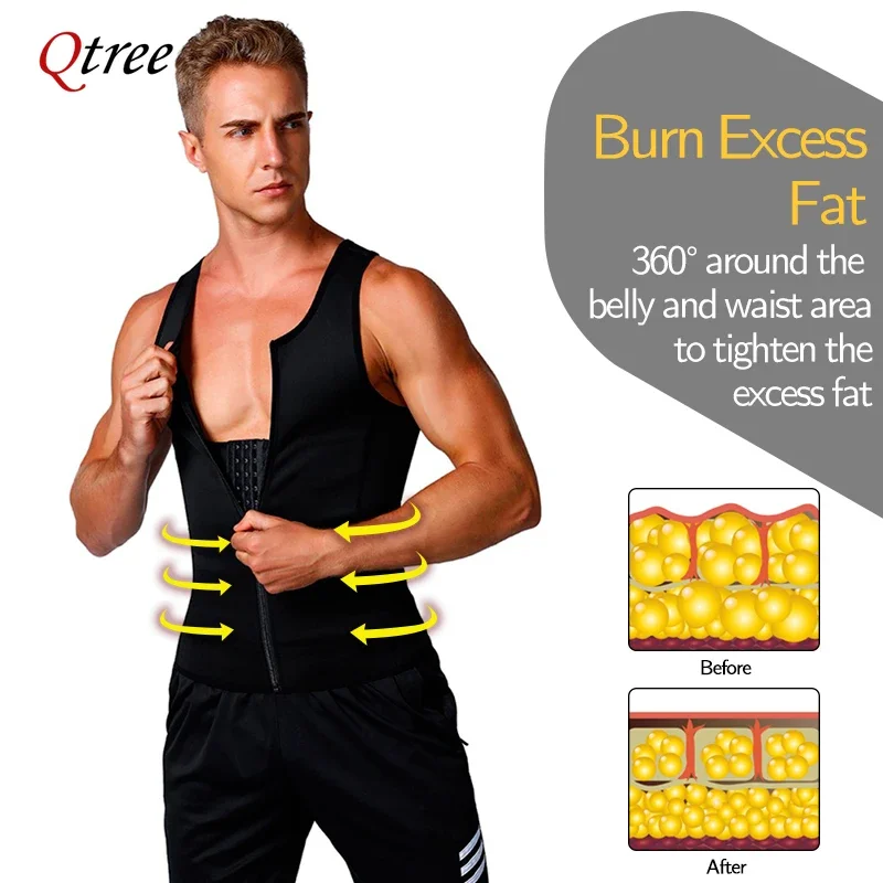 Qtree Men Compression Shirt for Slimming Sauna Sweat Body Shaper Tight Undershirt Tummy Control Girdle Weight Loss Waist Trainer