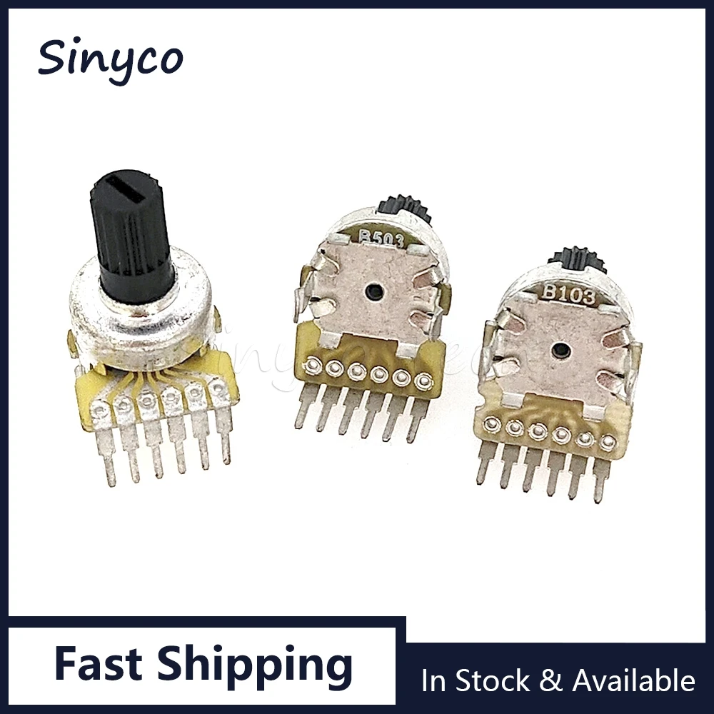 5PCS 121 Type Vertical 6Pins Double B10K B50K Power Amplifier Audio Volume Potentiometer B103 B503 Flower Shaft 10mm 15mm