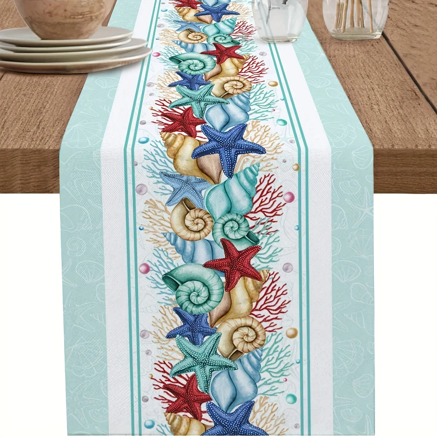 Colorful Coral Shell Starfish Print Linen Table Runner Party Decor Summer Ocean Theme Kitchen Dining Table Runners Wedding Decor