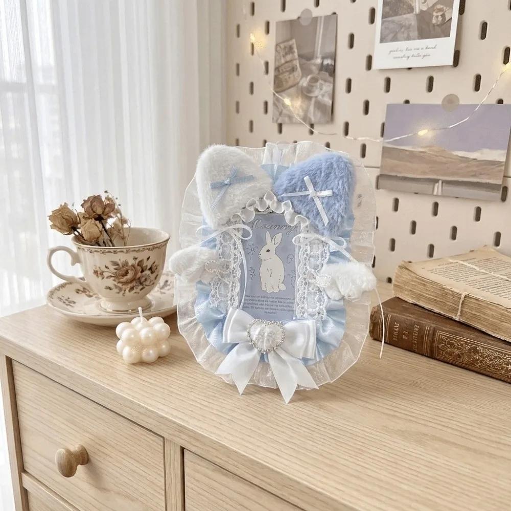Sweet Lace Photocard Holder Plush Cat Ear Shape ID Card Case Cute Bow Protective Sleeve Bag Charm Keychain Girls