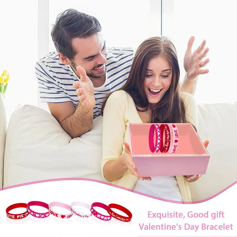 24 ชิ้นวันวาเลนไทน์โปรดปรานสร้อยข้อมือซิลิโคนสีชมพูสีแดงหัวใจรักสายรัดข้อมือสําหรับผู้ใหญ่พรรคของขวัญ (6 แบบ)