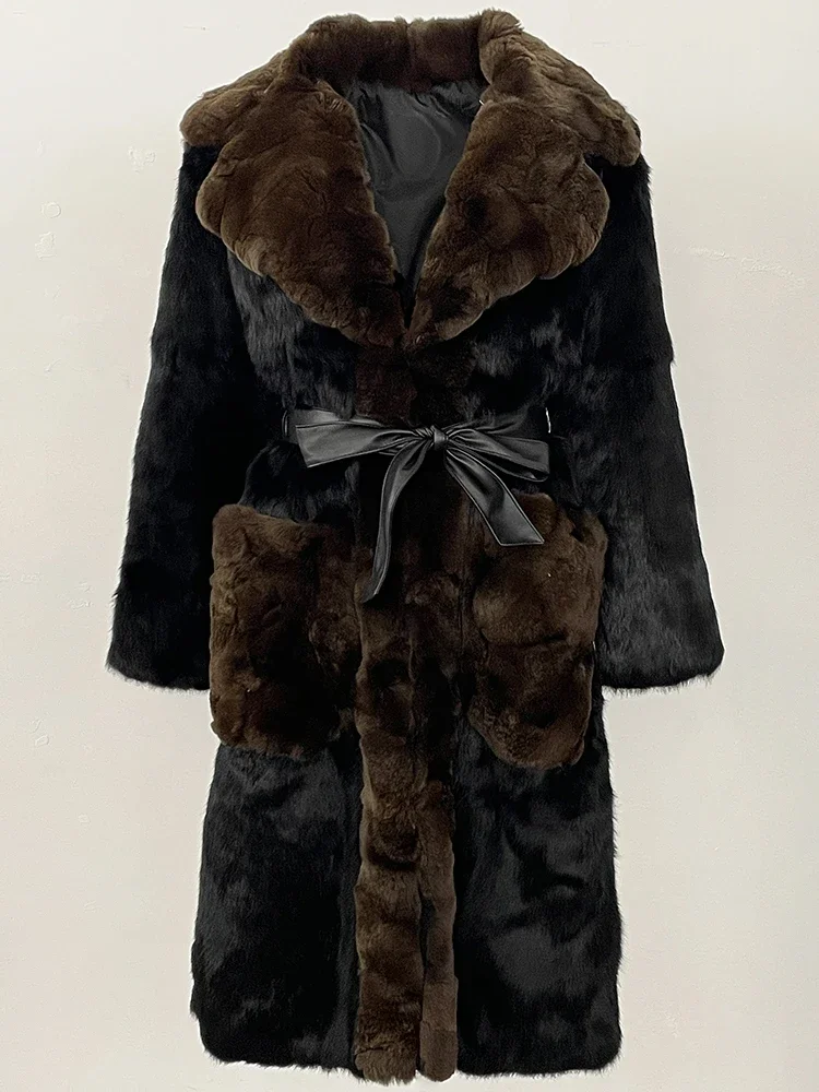 Ropa de invierno 2025 para mujer, abrigo de piel de conejo Natural, cinturón largo de cuero, chaqueta de piel auténtica, moda femenina, ropa cálida de lujo