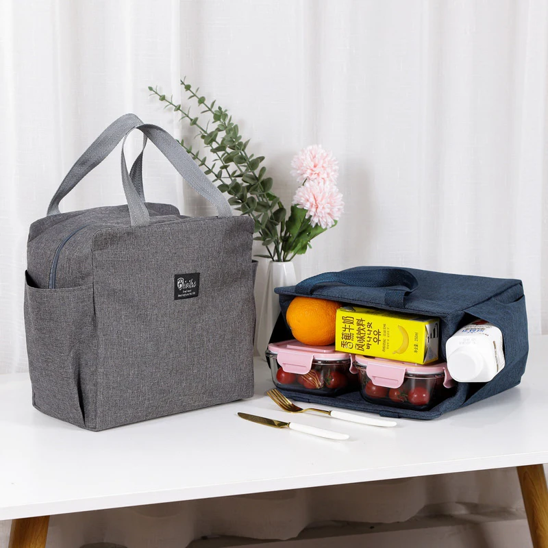 Bolsas de almuerzo térmicas Oxford portátil, bolsa enfriadora fresca para estudiantes de oficina, práctica bolsa de caja de almuerzo, bolsa contenedor de alimentos negra y gris