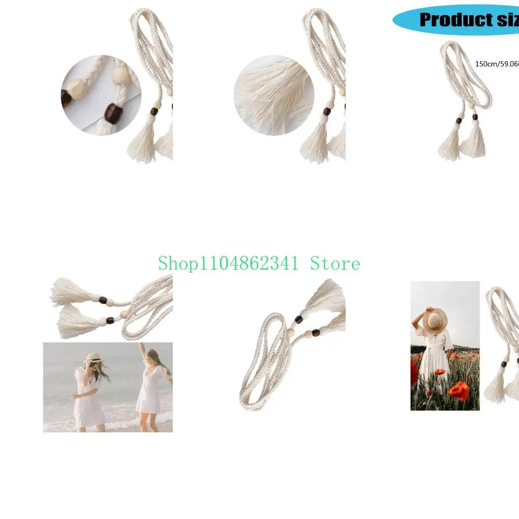 5ASD Bohemian Styles حبل الخصر للنساء حزام حبل القطن مع تفاصيل حبة خشبية للعطلة والملابس اليومية