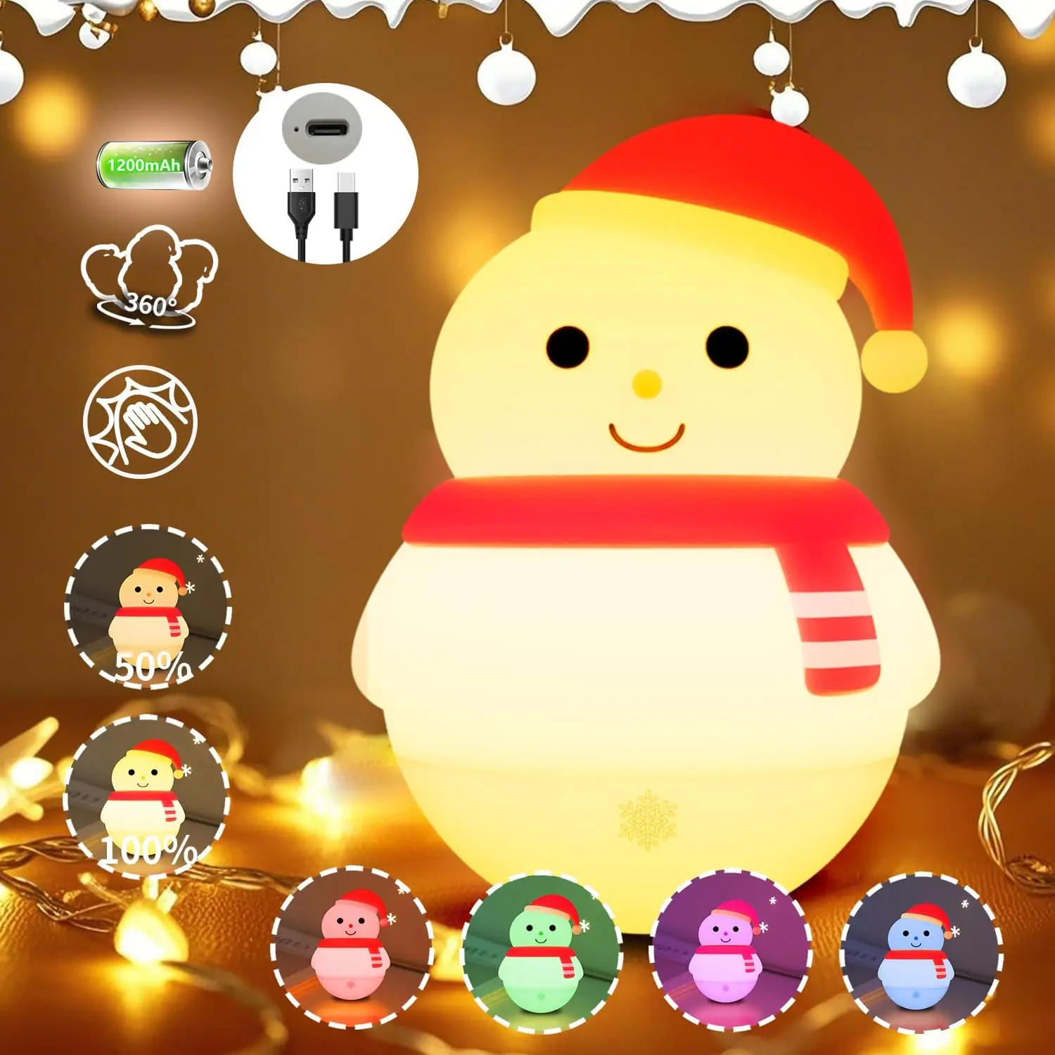 Tumbler Snowman Silicone Night Light Kids Room Soft Nightlight Rechargeable Cute Bedside Lamp for Bedroom Nursery Christmas Gift