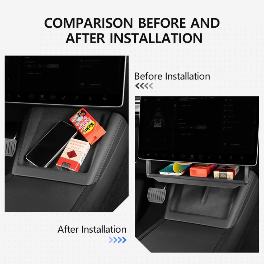 Ukrywane pudełko do przechowywania pod ekranem dla Tesla Model Y 3 2024 Highland Center Console Organizer Screen Box Tray z silikonową podkładką — zdjęcie 3