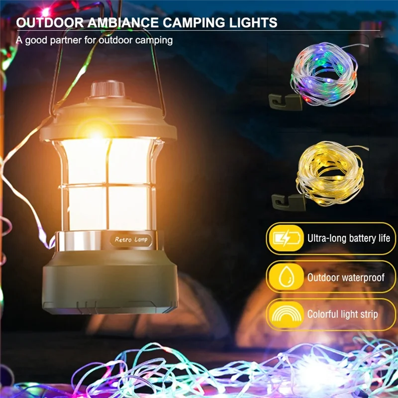 

RTENTE-LED Camping Light With RGB Waterproof 15M String Outdoor Hanging Super Bright Tent Light Garden Decoration Light