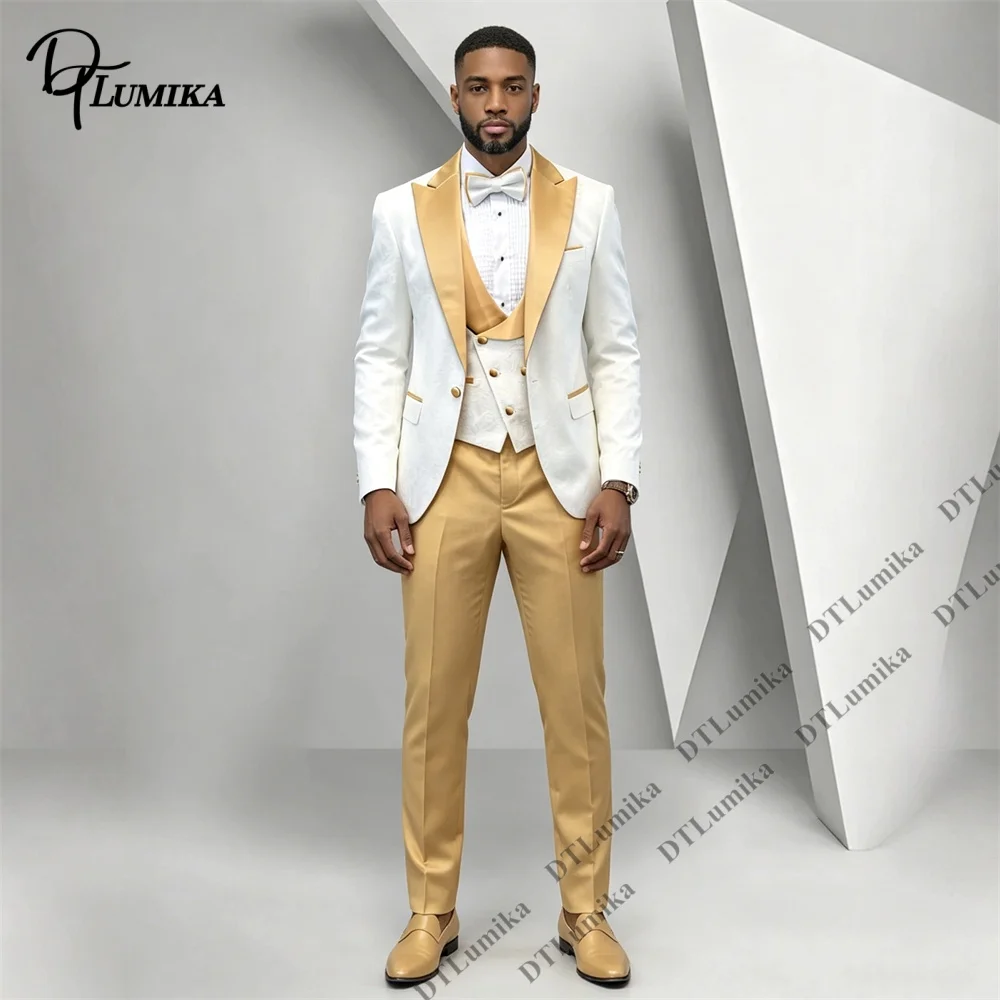 Luxury Wedding Groom Prom Banquet Formal Suit, Three Pieces Jacquard Tuxedo Suit Jacket Vest Pants Set, Custom Made-to-Order