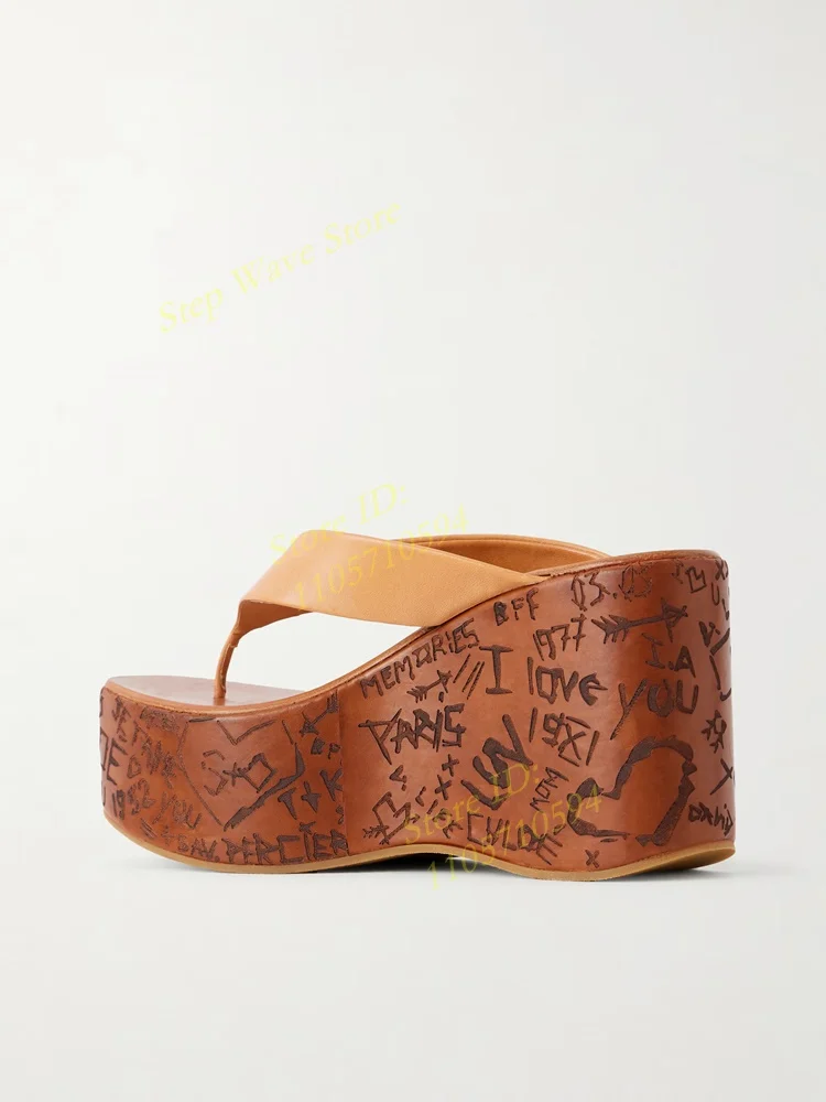 Graffiti Flip Flop Slippers Platform Wedges Leather Brown Black Slip On Runway 2026 Summer Women Dress Shoes Handmade Open Toe