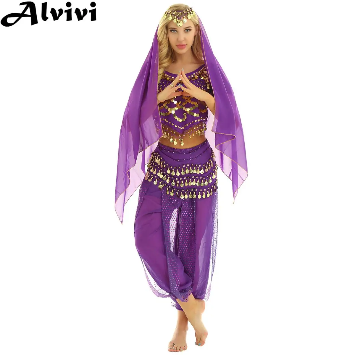 Women Belly Dancing Performance Costume Short Sleeve Sequin Crop Top with Harem Pants Hip Scarf Headscar for Indian Dance Show