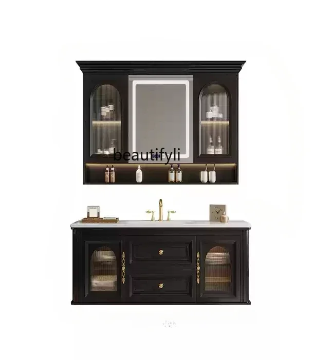 French retro bathroom cabinet combination rock slab hot bending ceramic integrated basin toilet wash basin cabinet