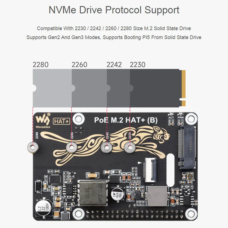 PoE HAT(B)가 포함된 M.2에 대한 Raspberry Pi 5 PCIe는 NVMe 프로토콜 M.2 솔리드 스테이트 드라이브를 지원합니다. 고속 읽기 쓰기 Pi 5 PoE HAT