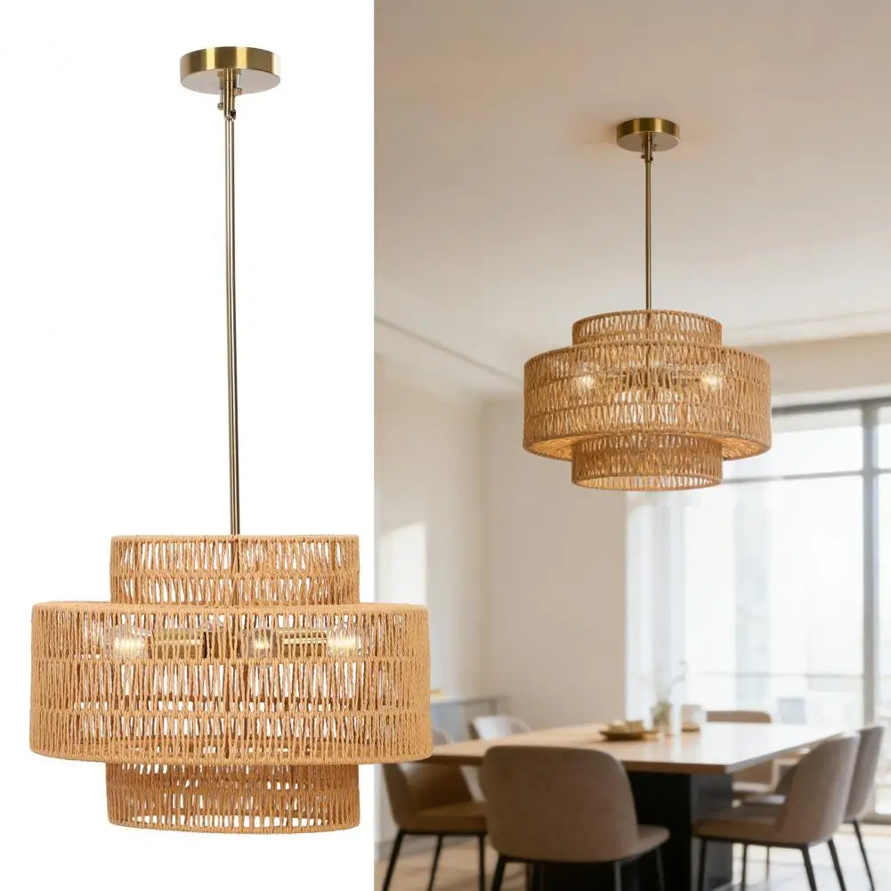 

Hand Woven Rattan Farmhouse Chandelier Lampshade 17.7 Inch 3-Tier Rustic Pendant Shade for Home Living Room Bedroom Kitchen