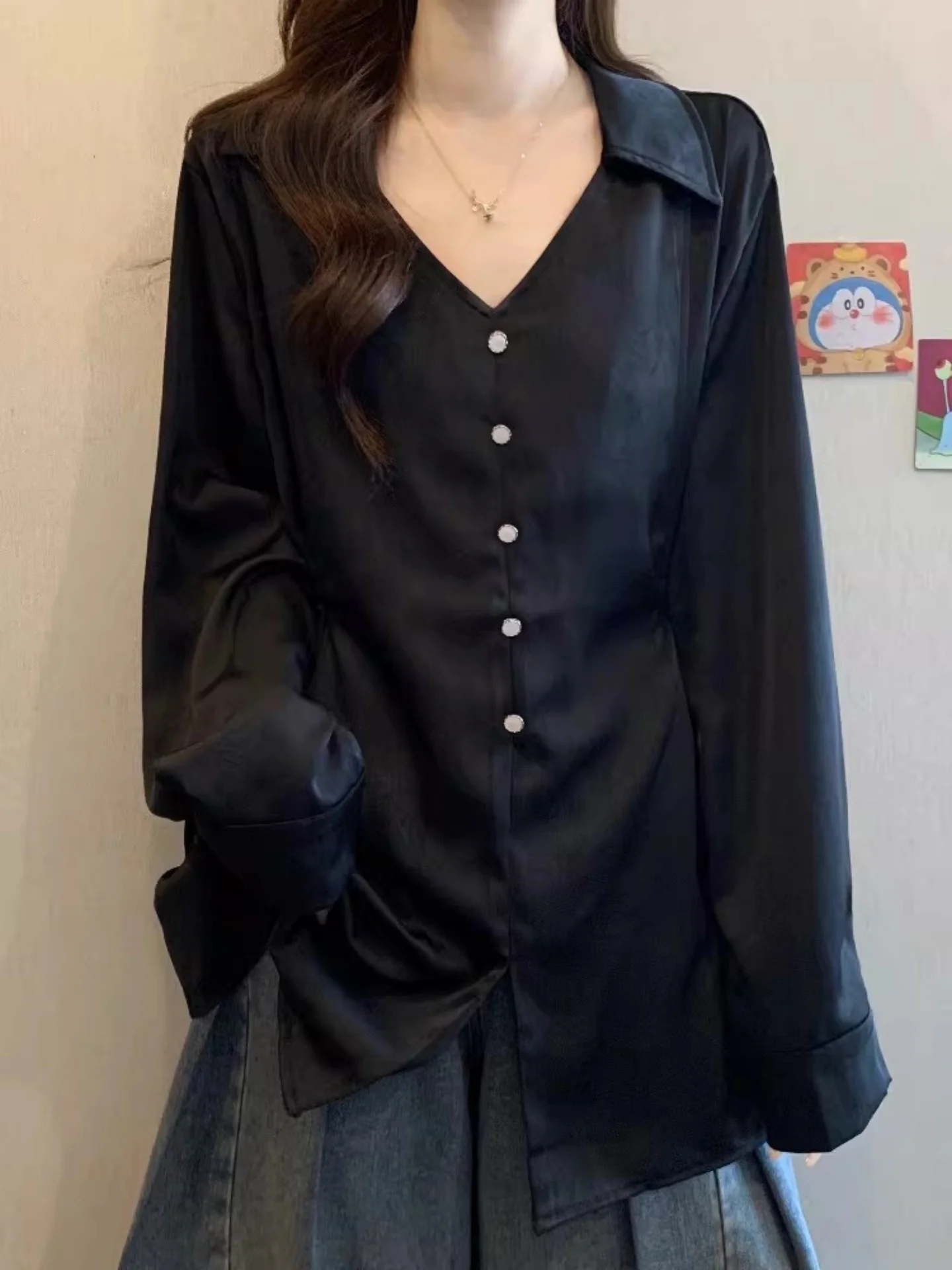 

Женский топ Ele Bla V-Ne Long Sve из ацетатного атласа, приталенный, миди, модный, для повседневной носки, в корейском стиле, свободного кроя, весенний