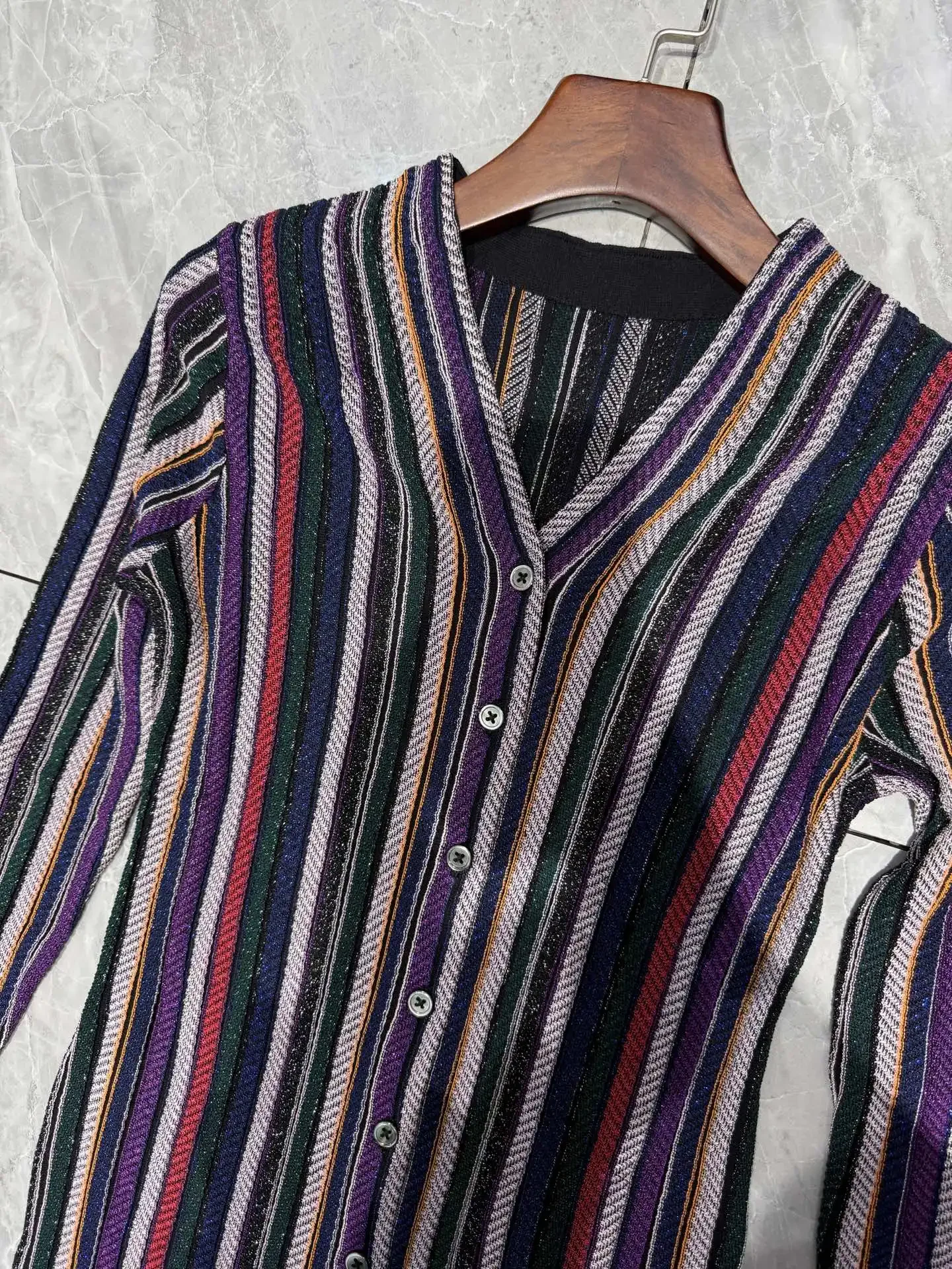 

Metallic Sequinned Women Knit Maxi Dress 2025 New Striped V-Neck Single Breasted Long Sleeve Vintage Slim Knitted Cardigan Robe