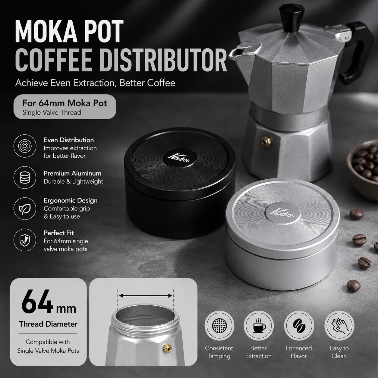 64mm Moka Pot Coffee Distributor Aluminum Alloy Coffee Grounds Leveler for 2-3 Cup Single Dual Valve Moka Pot