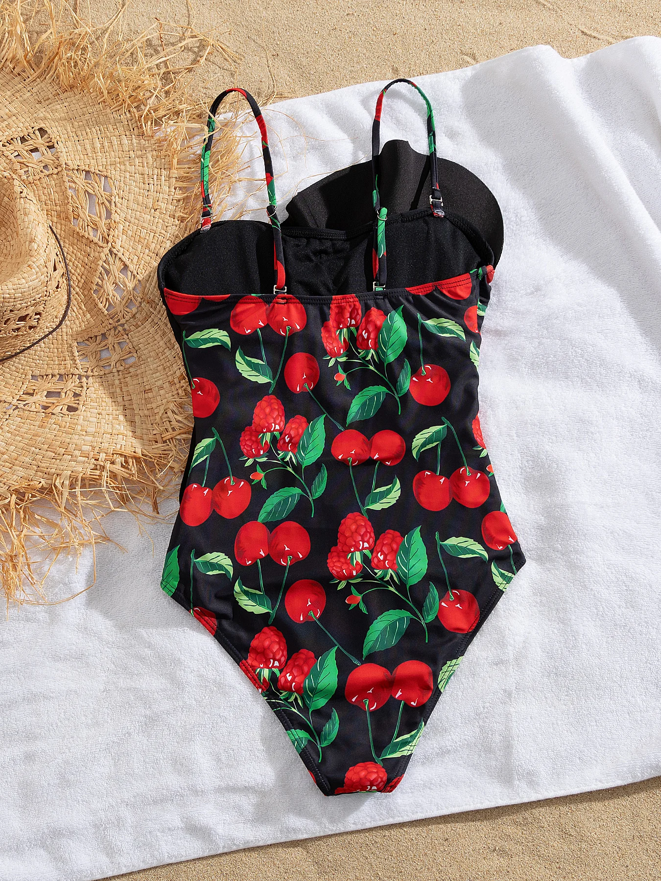 2025 Sexy Cherry Print One-Piece Swimsuit Black Base with Fruit Pattern Perfect for Beach Wear and Pool Parties Summer Beachwear