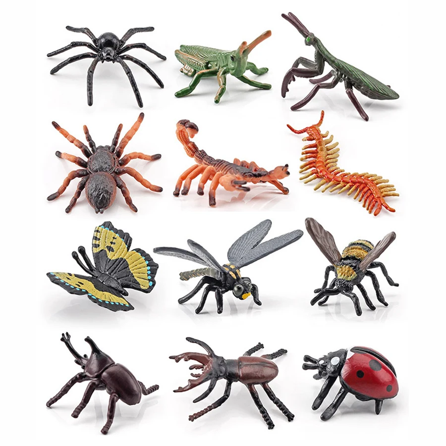 12pcs Realistic Insects Model Figure Toys Bee Beetle Mantis Spider Ladybug Butterfly Scorpion Party Favor School Project Gift