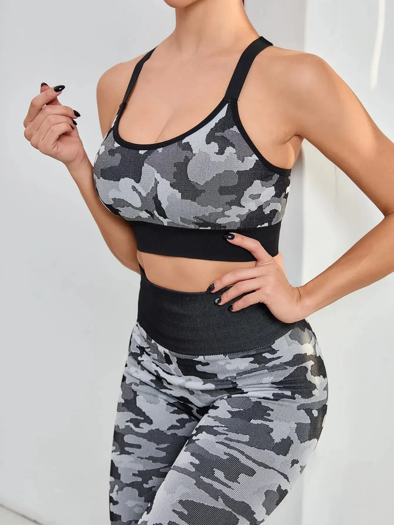 2 szt. Kamuflaż do jogi Camo zestaw sportowy kobiety odzież fitness na siłownię legginsy z wysokim stanem + biustonosz treningowy