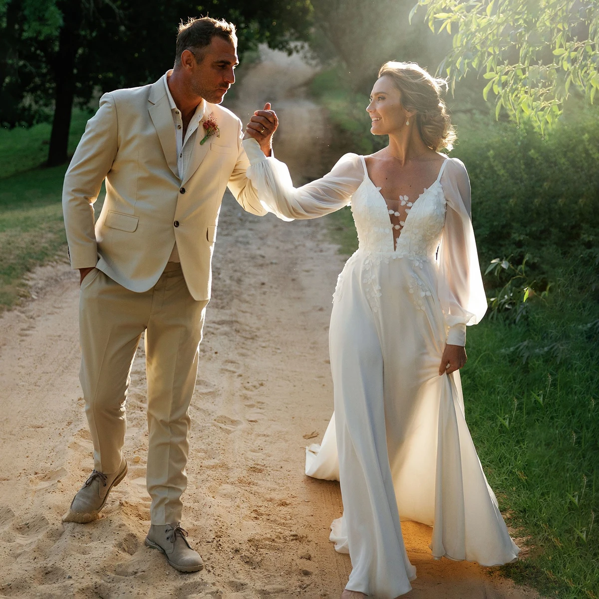 Ivory Soft Embroidered Flowers A Line Wedding Dress Detachable Long Puff Sleeves Deep V Backless Personal Customized Bridal Gown