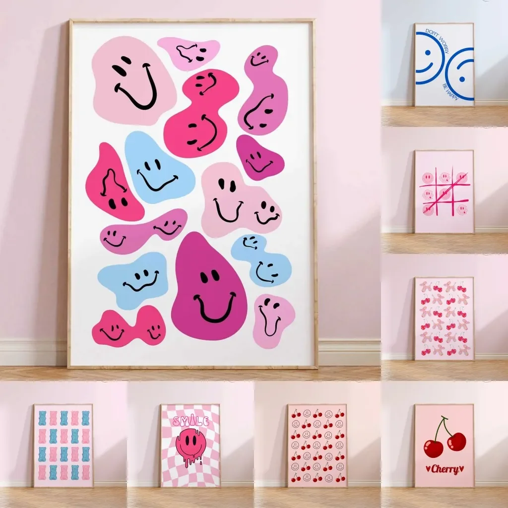 Arte mural moderno a la moda rosa bleu beau estilo toile peinture mignon sourire ballon chiot cherise ours gommeux imprimer déco