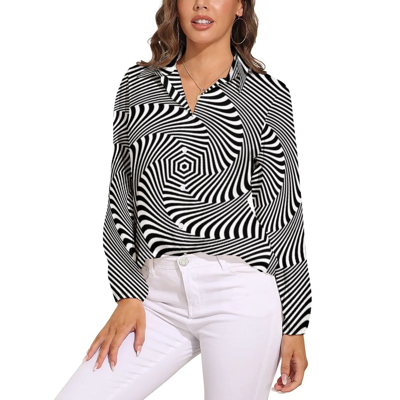 Blusa de manga larga con estampado de líneas de remolino para mujer, blusa estética blanca y negra, estilo callejero, camisa de gran tamaño, Top gráfico, regalo de cumpleaños