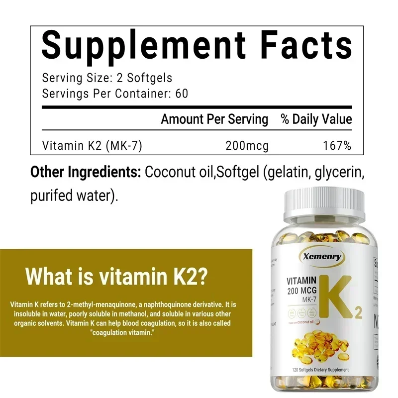 Vitamin K2 MK-7 Ergänzung – unterstützt Kalziumabsorption, Knochen, Gelenke, Immunität und Herzgesundheit, leicht zu schlucken