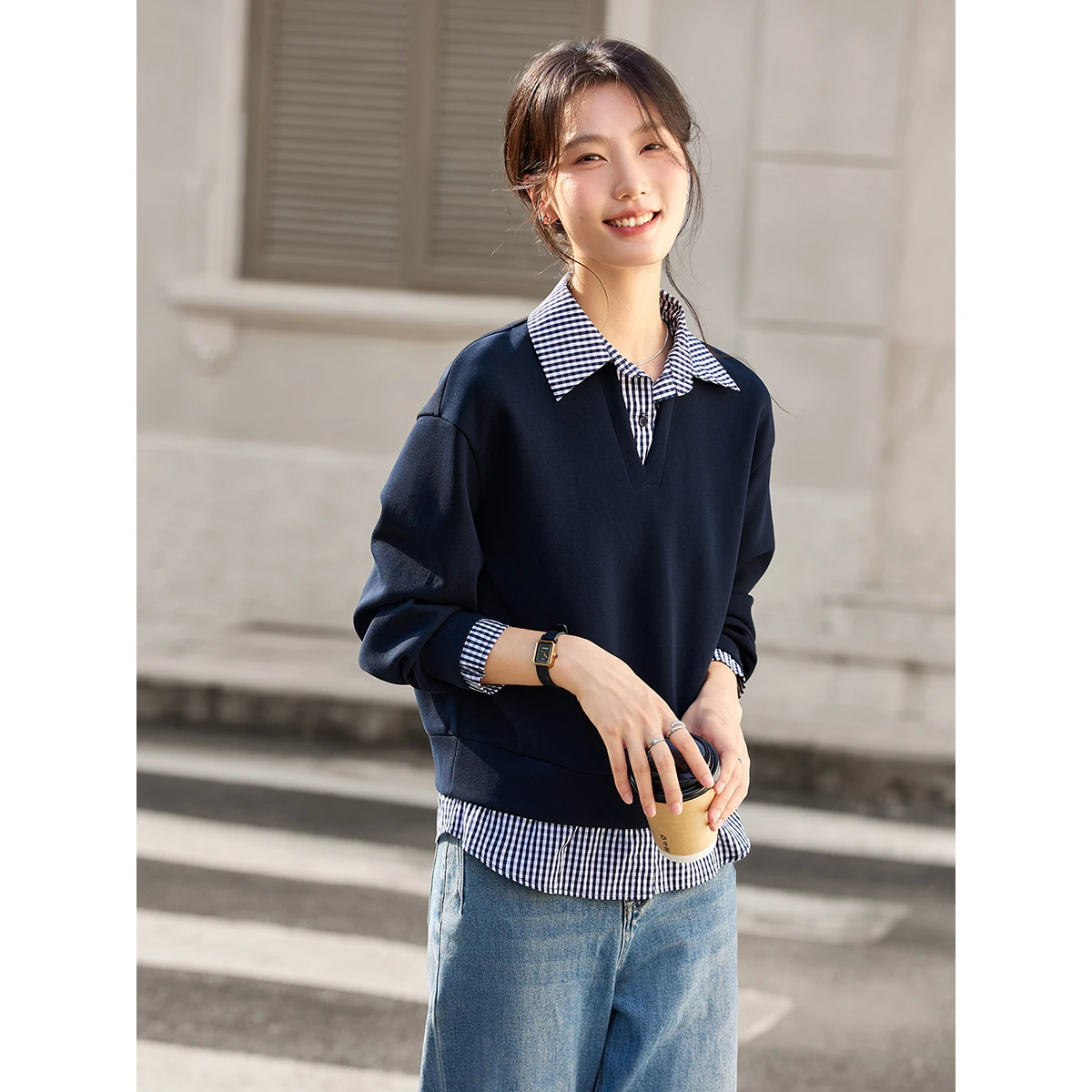 VIMLY Adrette Gefälschte Zwei-Stück Sweatshirt Frauen 2025, Herbst Pendeln Pullover Mode Drehen-unten Kragen frauen Kleidung a2068