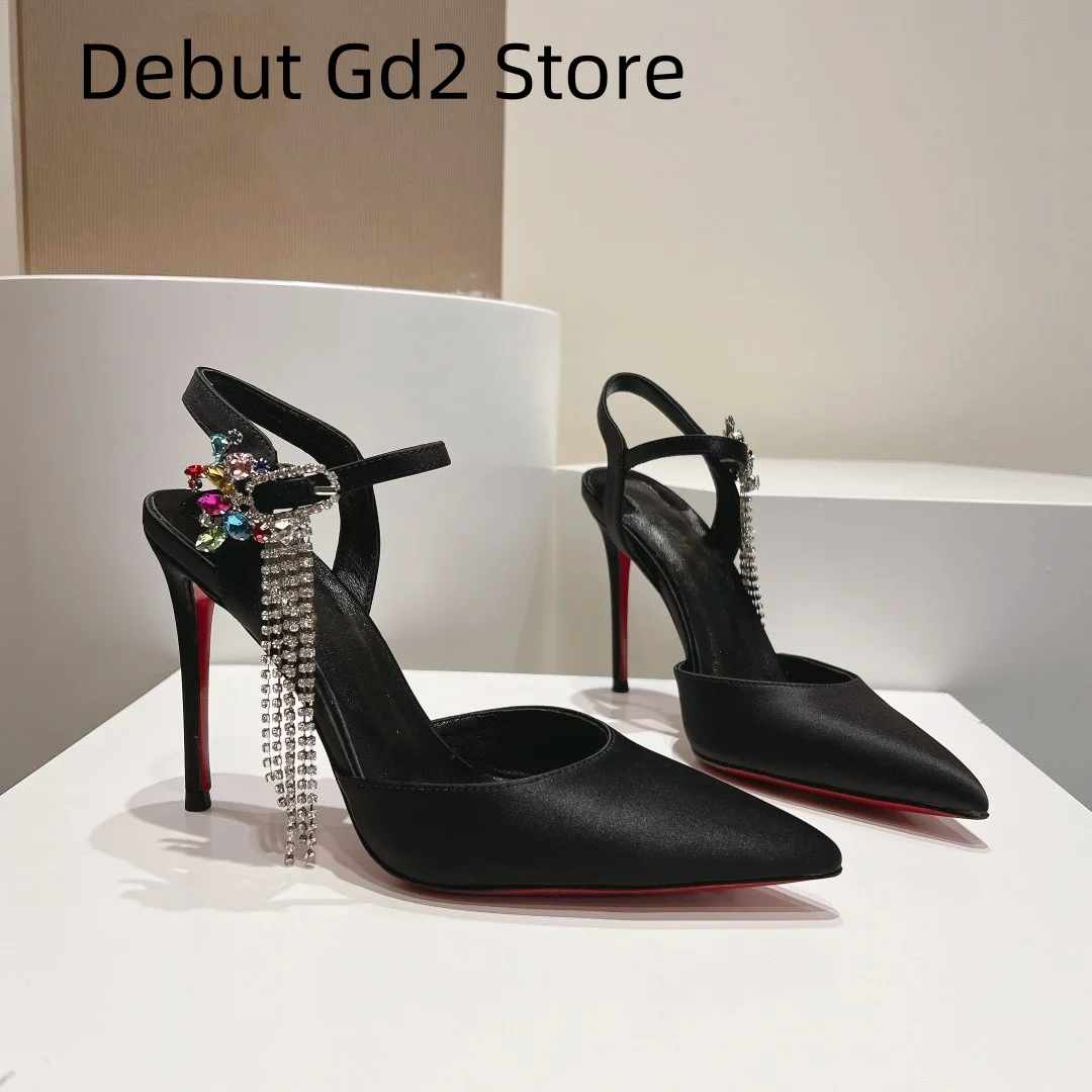 

Top quality 2024 new summer rhinestone tassel pointed high heels, sexy slim heel high heels, one line buckle high heel sandals