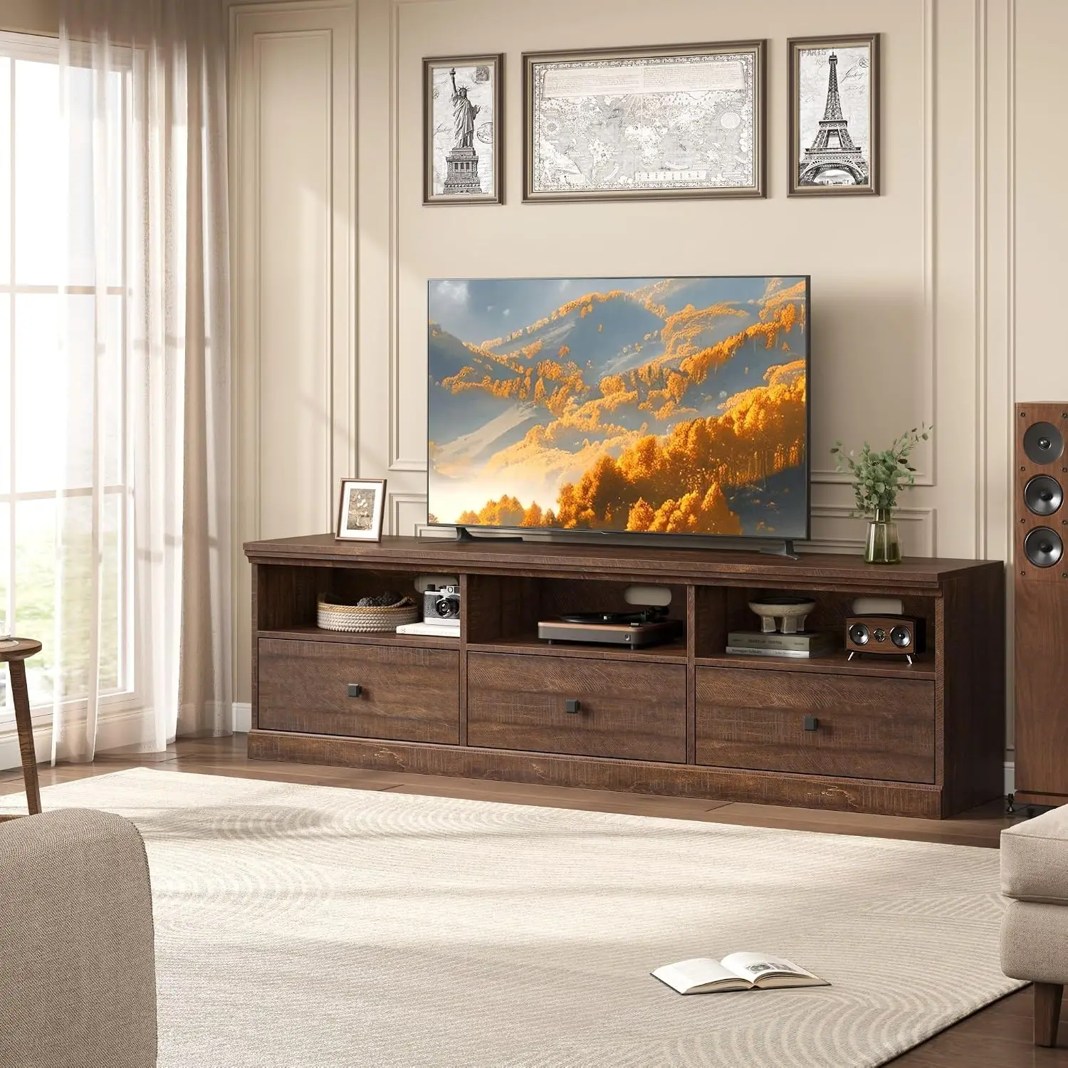 Brown Mid Century Modern TV Stand Holds 80 Inch Television Entertainment Center Storage Drawer Open Shelves Media Console Living