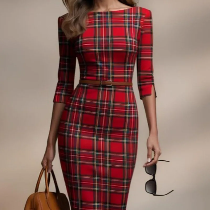 T Sigur Weihnachten Plaid Damen Kleid 2025, neue Vintage, figurbetont, O-Ausschnitt, halbe Ärmel, elegante Abendparty-Kleider mit Gürtel 195438