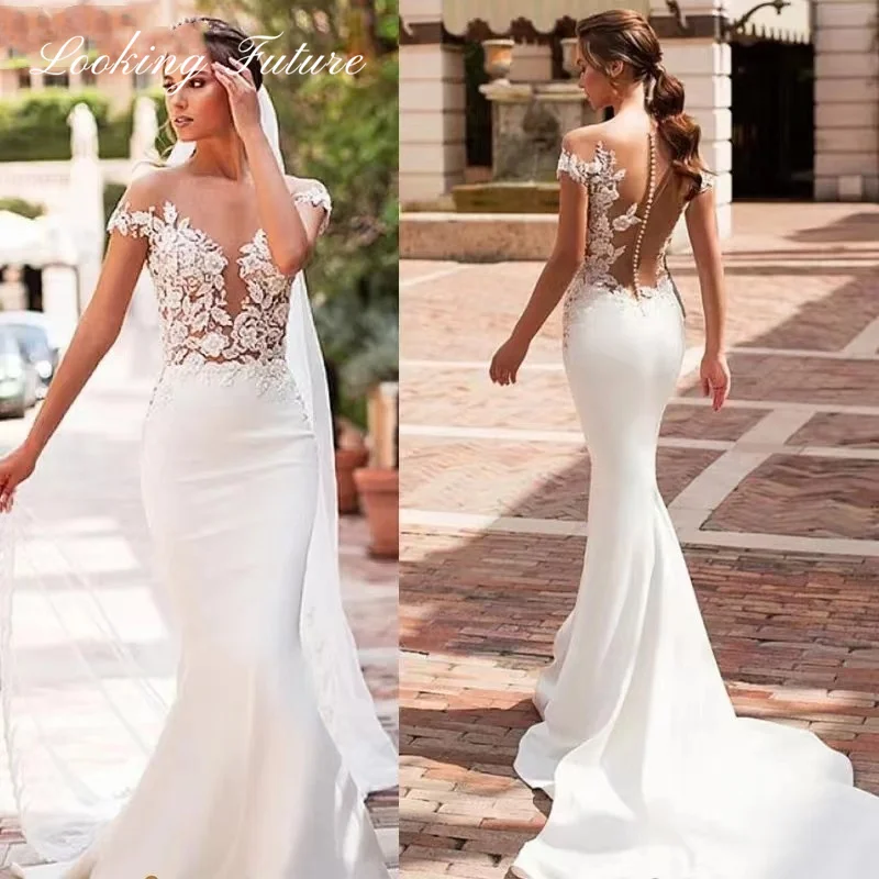 Morden abito da sposa in raso di pizzo Sweetheart senza maniche 2024 abito da sposa Appliques semplici bottoni lunghi del treno abito da sposa senza schienale