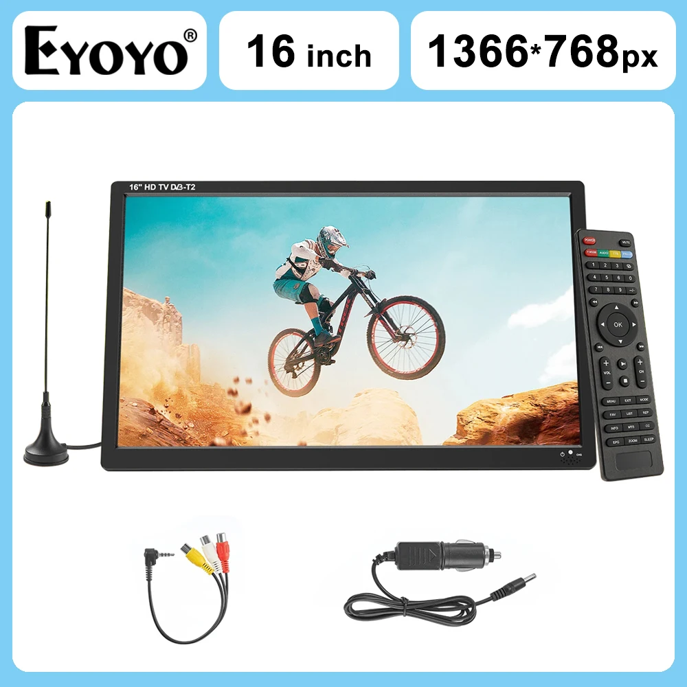 EYOYO-Monitor de TV portátil para exteriores, 16 ", con Control remoto, sintonizador Dual ATSC y NTSC, pantalla IPS de 1366x768, entrada de vídeo de Radio HDMI AV FM