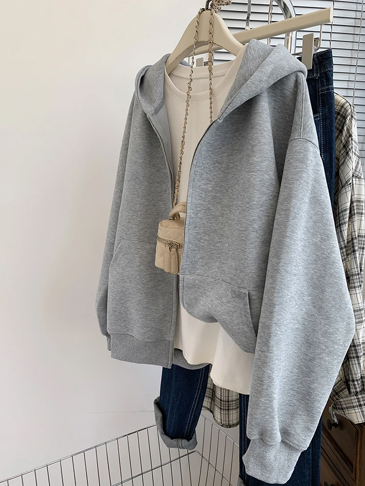 Grey Sweatshirt Hooded Casual Cardigan Women Autumn Winter Solid Color Zipper Long Sleeves Hoodies Loose Tops