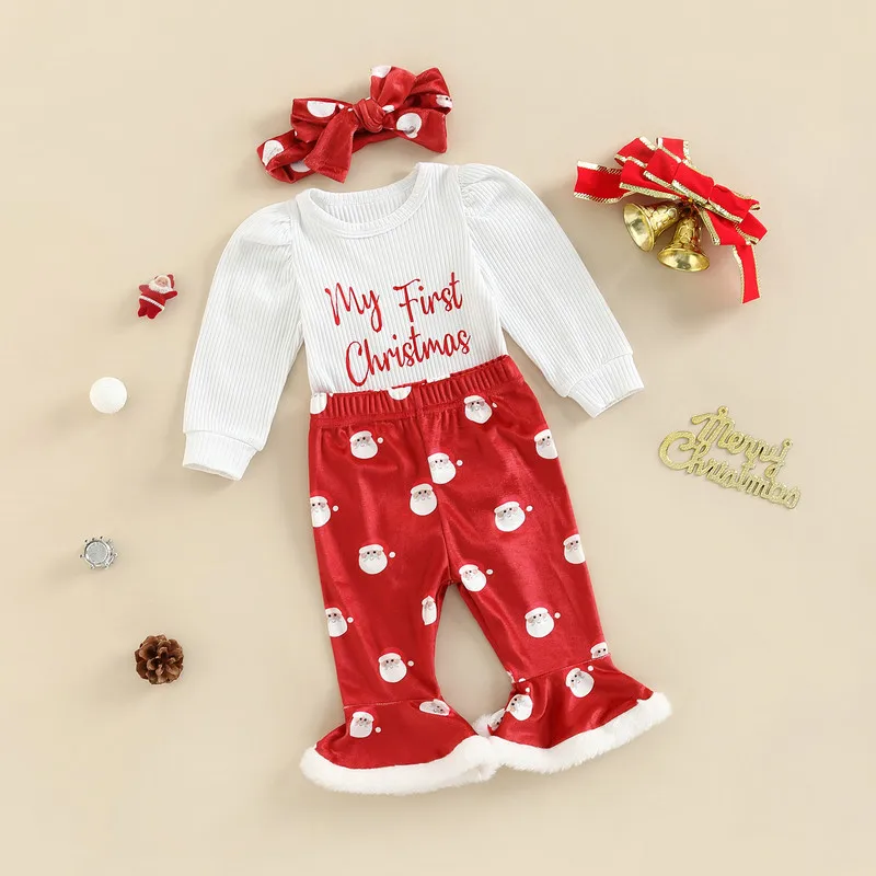 

0 to 18 Months Christmas Baby Girl Pants Sets Long Sleeve Letter Bodysuit + Santa Claus Print Flare Pants + Headband