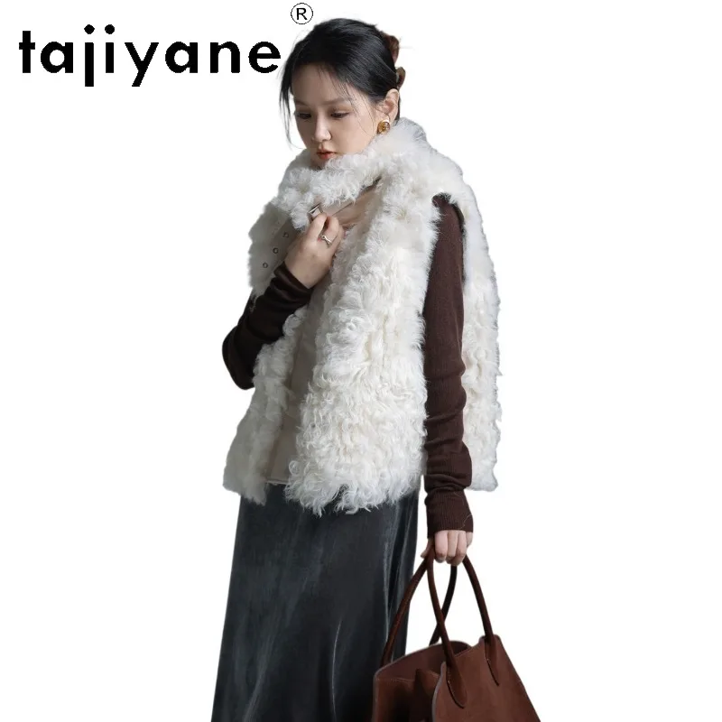 TAJIYANE Toscana Sheep Shearling Fur Vest Woman Fourrure Sleeveless Jackets of Woman Curly Fur Coat Short Biker Vestes Femmes