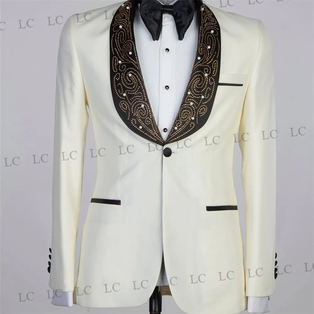 High Fashion Men Suits 2 Pieces Blazer Pants One Button Diamonds Beadings Blazer Party Formal Wedding Groom Plus Size Tailored