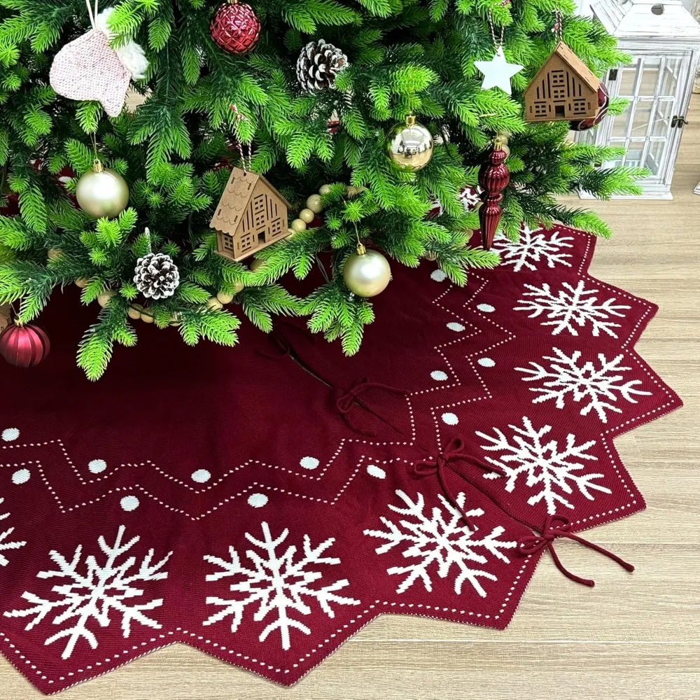 

72-Inch Wavy Edged Reversible Knit Christmas Tree Skirt: Burgundy & White Snowflake Pattern with Lace Ties