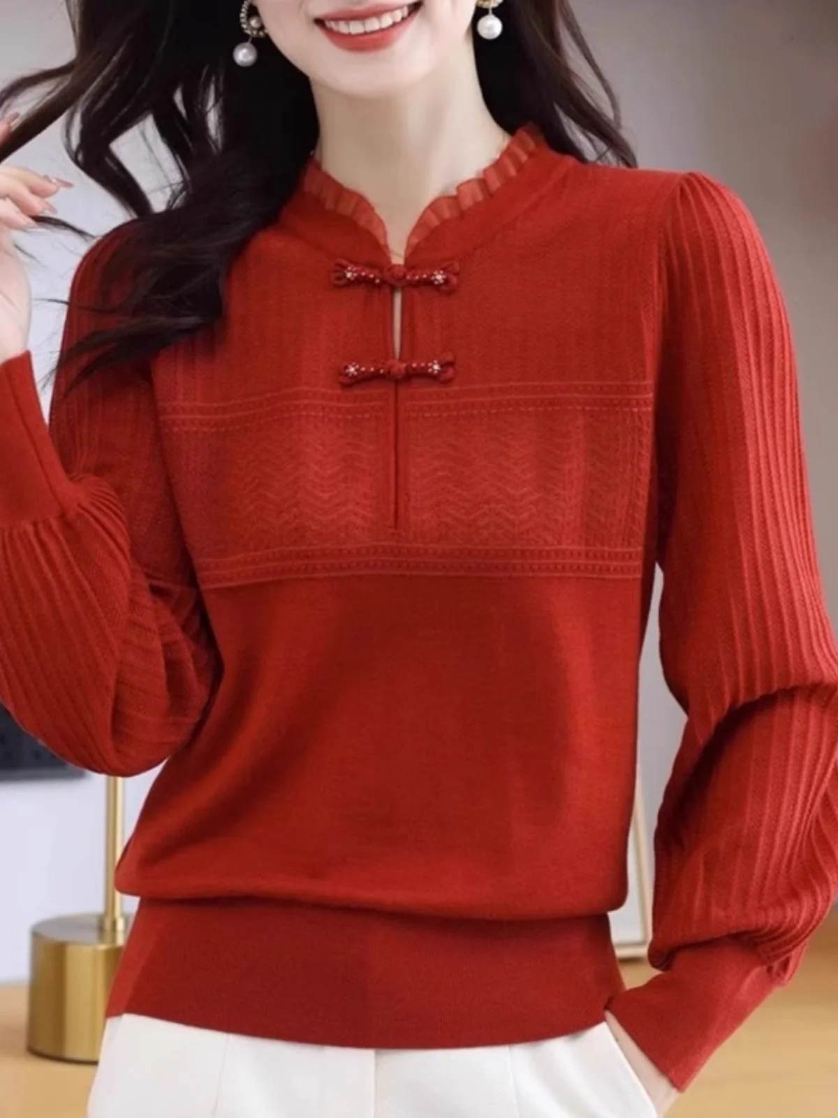 

Red Embroidered Knit Sweater with Button Collar Traditional Chinese Festive Design Women's Autumn Winter Inner Wear Base ir...