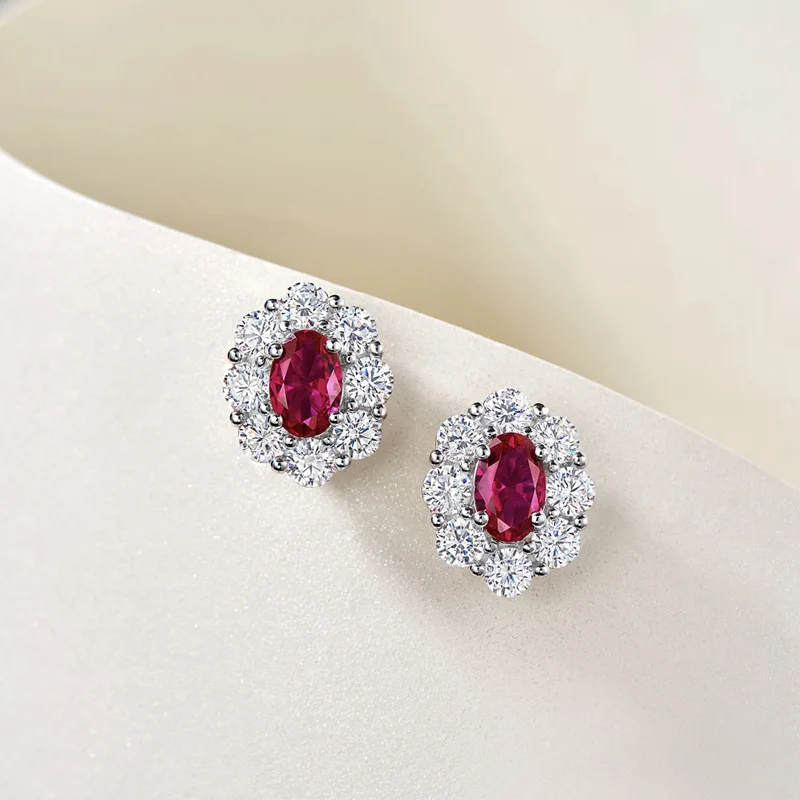 Gorgeous Female Earrings 925 Sterling Silver Oval Shaped Simulated Ruby White Zircon Earrings for Women Statement Bijoux Jewelry