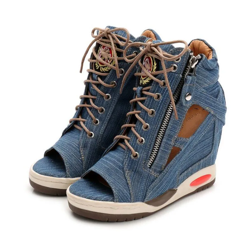 Within the new spring and summer denim increased with wedge sandals thick bottom waterproof open toe sandals female fish mo