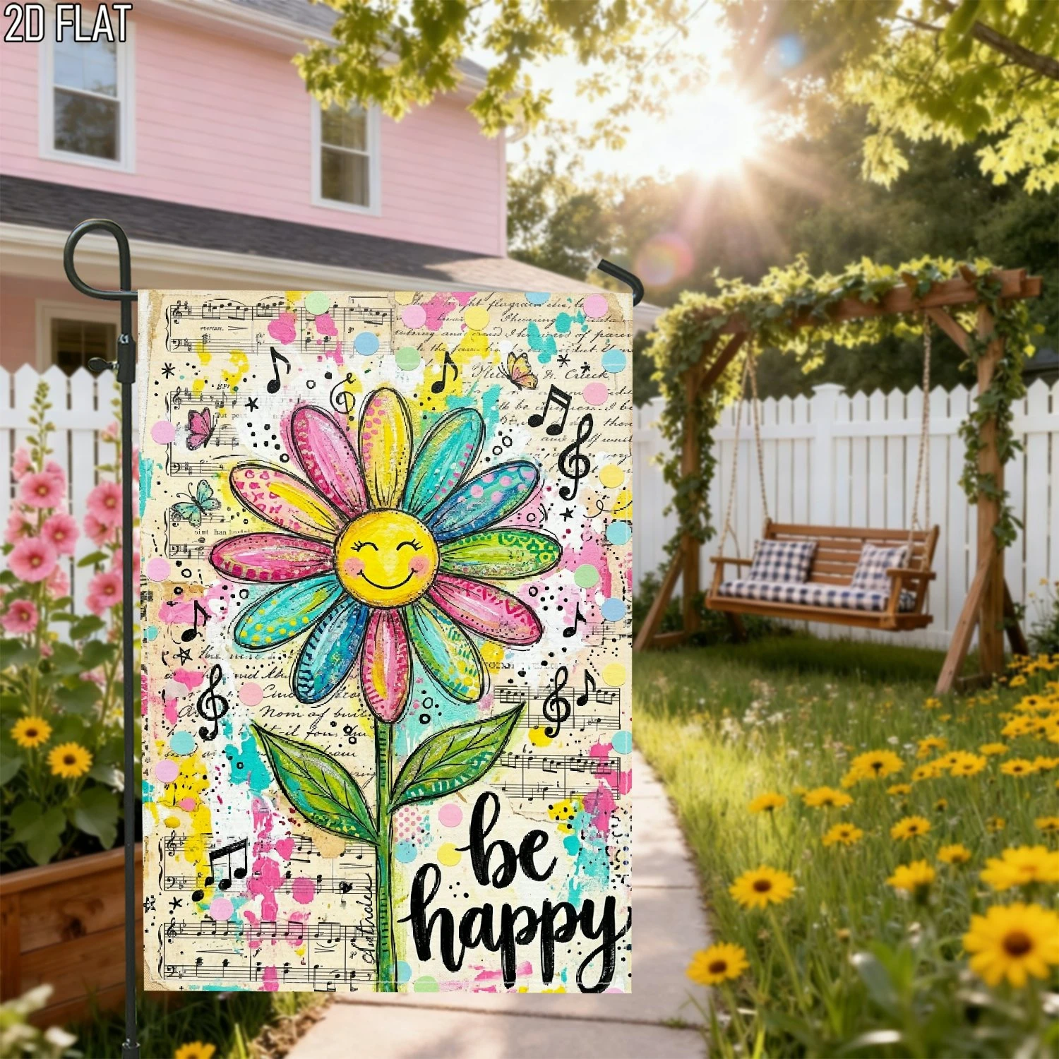 1pcs Be Happy Smile Daisy Music Note Garden Flag Vintage Retro Spring Summer Yard Outdoor Decor